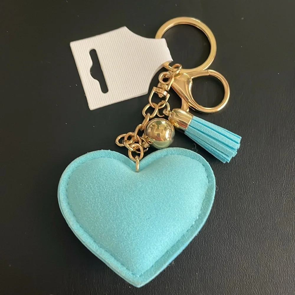Blue Heart Rhinestone Keychain-Purse Charm Gold Ball-Blue Tassel New
